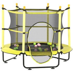 Kids 4.6 Ft Trampoline with Safety Enclosure & Ball Pit, Yellow, Indoor Play Equipment