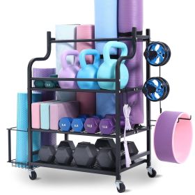 VEVOR Yoga Mat Storage Rack, Home Gym Workout Equipment Organizer, Powder Coated Finish Steel Yoga Mat Holder with Hooks & Wheels