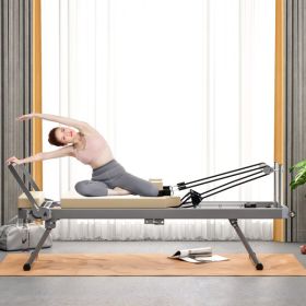 Pilates Reformer Machine for Home Gym Workout, Foldable Pilates Equipment with High Strength Alloy Springs for Beginners, Up to 330lbs,Beige