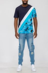 SHORT SLEEVE CAMO COLOR BLOCK TSHIRT (Color: Navy, size: XL)